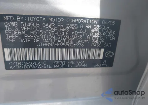 2005 Lexus Ls 430 z USA, uszkodzony, nr VIN JTHBN36F955026936